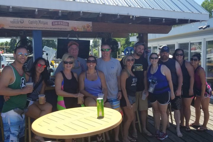 a group of people standing in front of a building