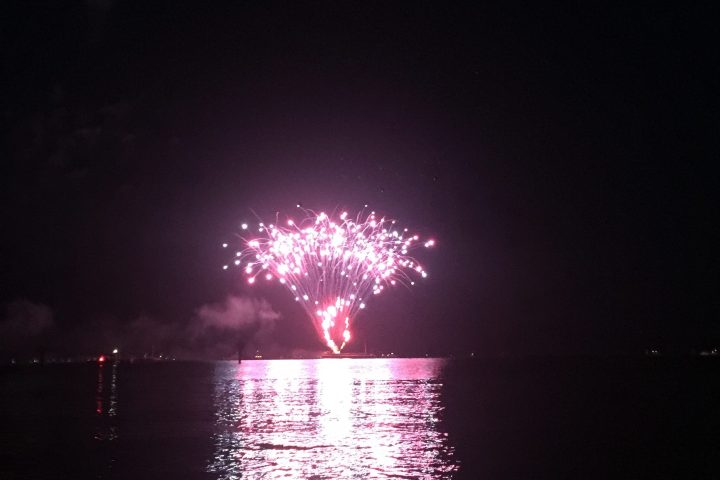 Pink fireworks reflecting on a dark body of water at night.